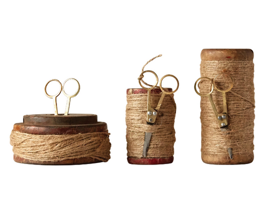 Found Wooden Spool with Jute and Scissors